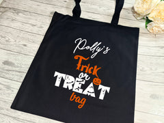 Personalised BLACK mini halloween trick or treats Tote bag with NAME detail