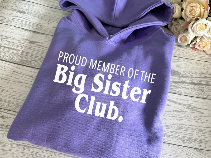 Custom Kids LILAC hoodie Big sister club detail baby announcement