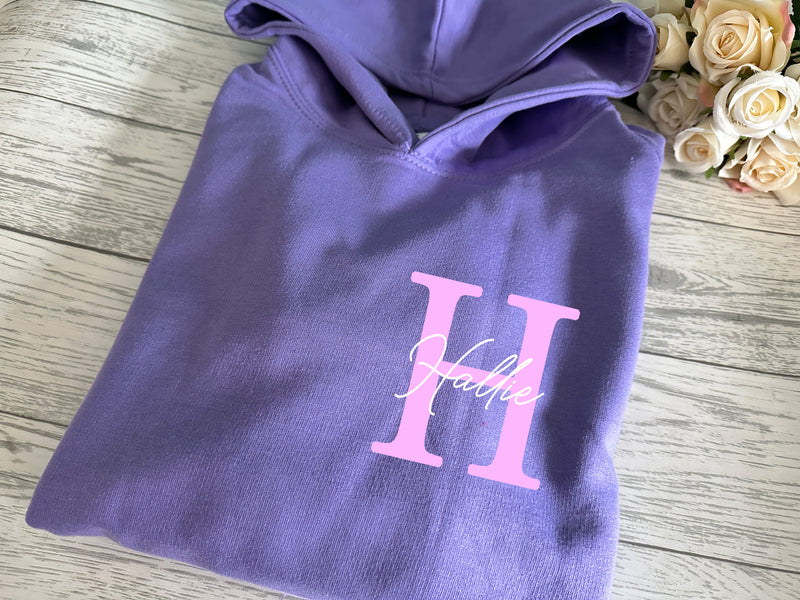 Personalised Kids LILAC hoodie with letter and name detail