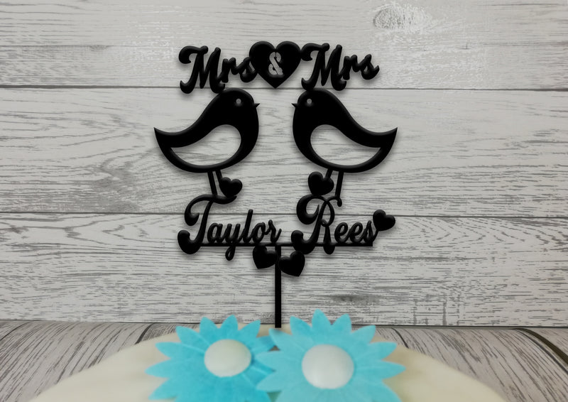 Personalised wooden Wedding Love birds Mrs & Mrs cake topper