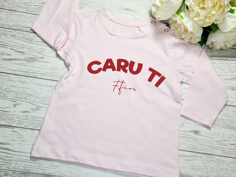 Personalised Baby long sleeve baby PINK t-shirt CARU TI detail