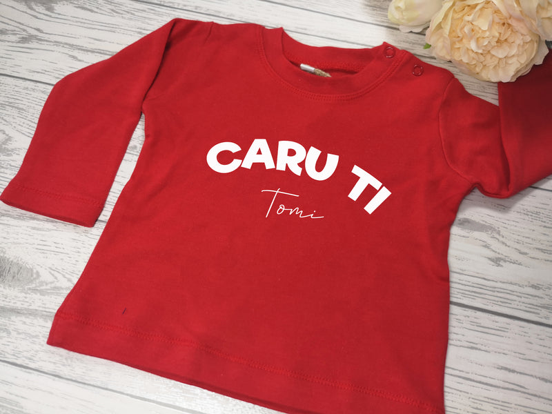 Personalised Baby long sleeve RED t-shirt CARU TI name detail