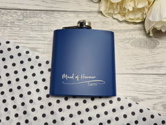 Personalised wedding role NAME Engraved Navy or Black stainless steel hip flask 6oz  Any name