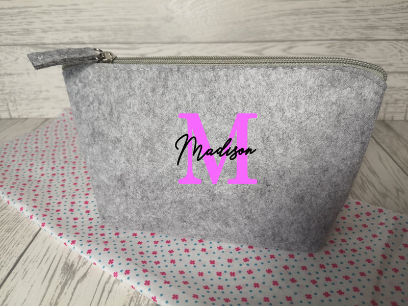 Personalised Light grey Small Felt Makeup bag with letter and name