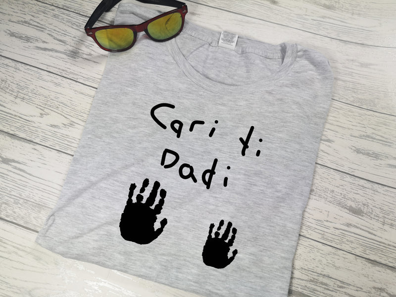 Personalised Welsh heather GREY Dad t-shirt with Handprints and kids handwriting detail