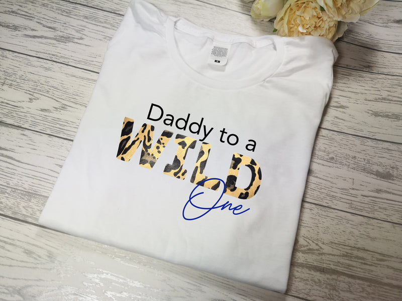 Personalised Men's White t-shirt metallic leopard Daddy to wild one / ones
