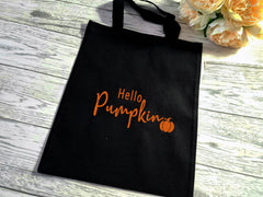 Personalised BLACK mini halloween treats Tote bag with hello pumpkin detail