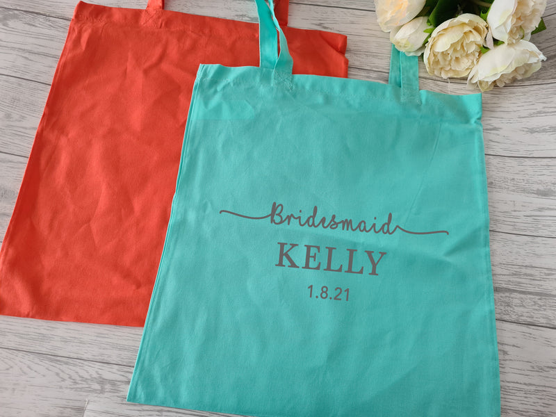 Personalised MINT or CORAL Tote Wedding bag bridesmaid Name and date detail