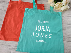 Personalised MINT or CORAL Tote bag with Name year and place detail in a choice of colours