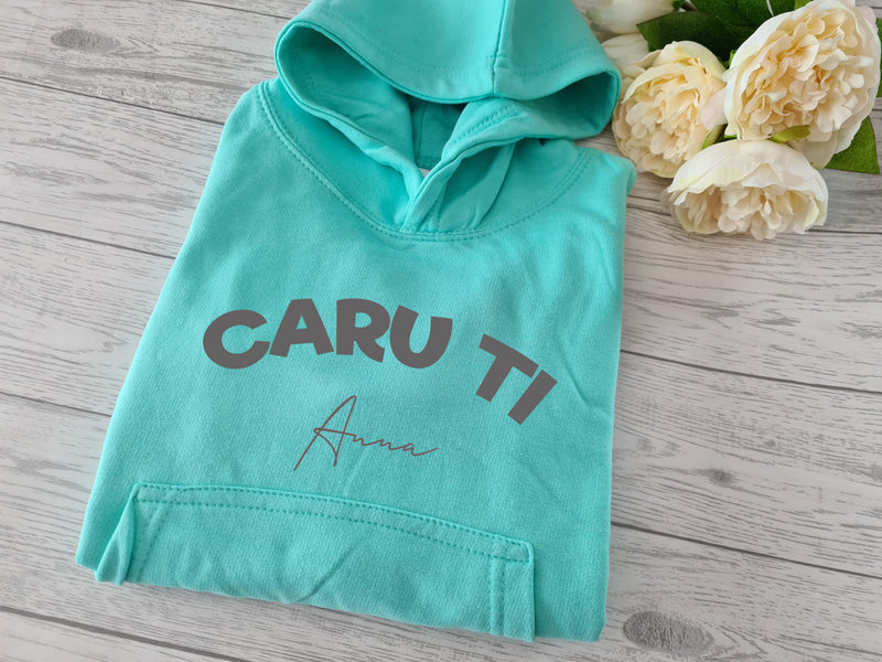 Personalised Welsh Kids MINT hoodie with CARU TI name detail