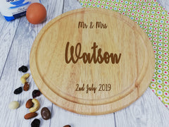 Personalised Engraved Wooden Round Kitchen Mr & Mrs Chopping board Wedding Gift Any Name Date