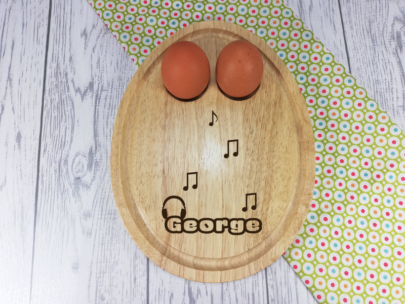 Personalised Engraved Music notes Wooden Egg Shaped breakfast board Any Name