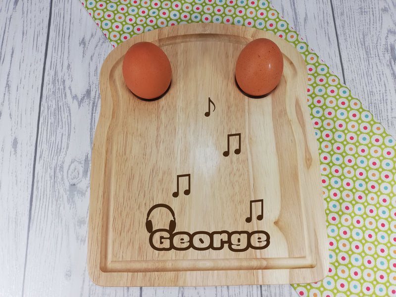 Personalised Engraved Music notes Wooden Toast Shaped egg breakfast board Any Name