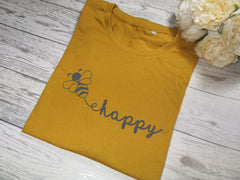 Custom Women's Mustard t-shirt Bee happy with choice of colour detail