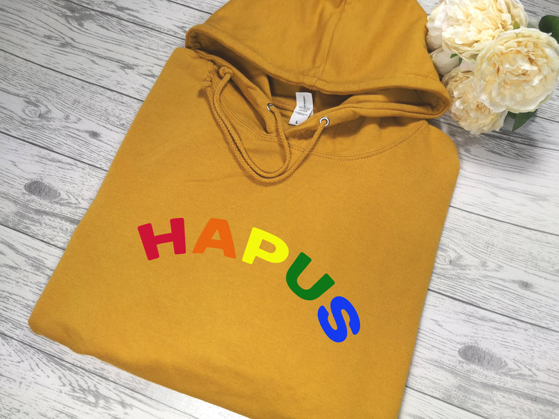 Personalised Welsh UNISEX MUSTARD hoodie with Rainbow wording detail