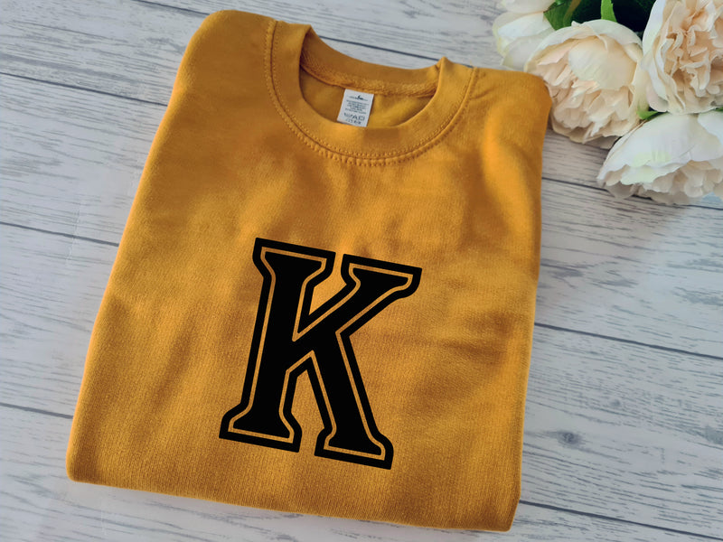 Personalised KIDS MUSTARD letter detail jumper in a choice of colour detail