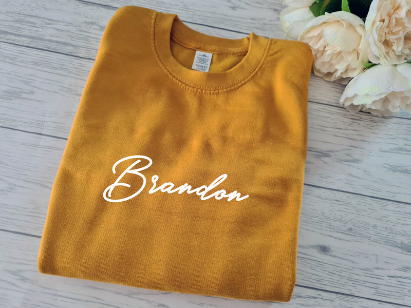 Personalised KIDS MUSTARD fancy NAME detail jumper in a choice of colour detail