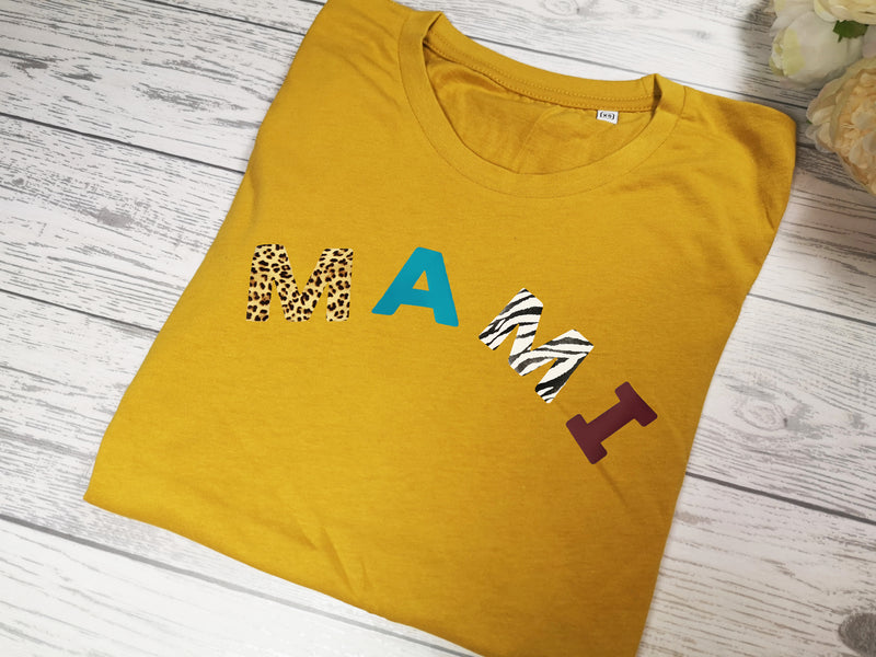 Personalised Women's MUSTARD t-shirt leopard mixed colour Mam Mum
