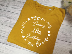 Personalised Women's MUSTARD Birthday t-shirt name age detail