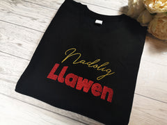 Custom Welsh BLACK Christmas t-shirt Nadolig Llawen glitter detail