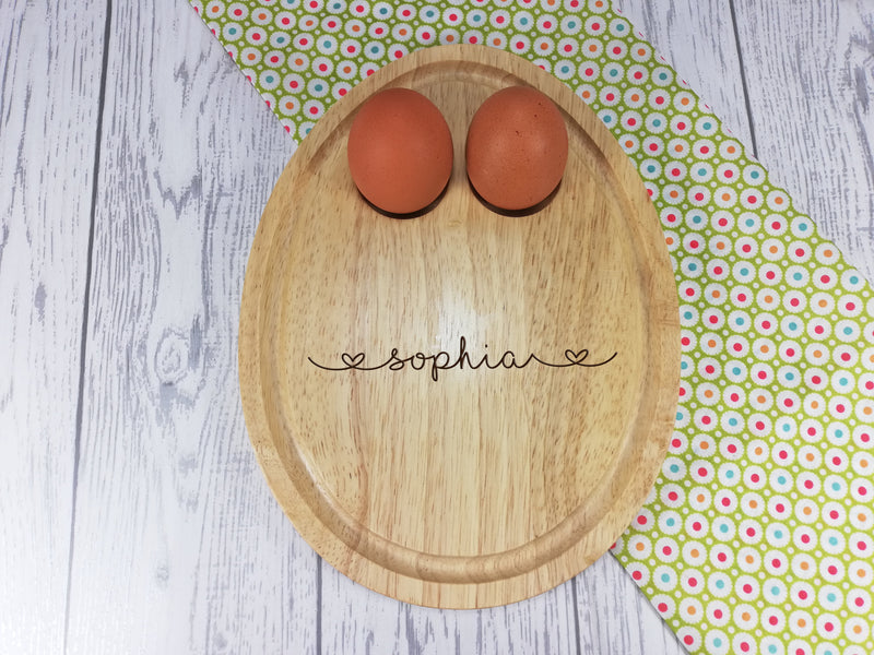 Personalised Engraved Hearts Name Wooden Egg Shaped breakfast board Any Name
