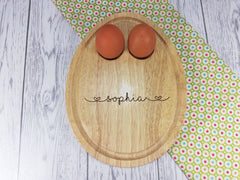 Personalised Engraved Hearts Name Wooden Egg Shaped breakfast board Any Name