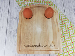 Personalised Engraved Hearts Name Wooden Toast Shaped egg breakfast board Any Name