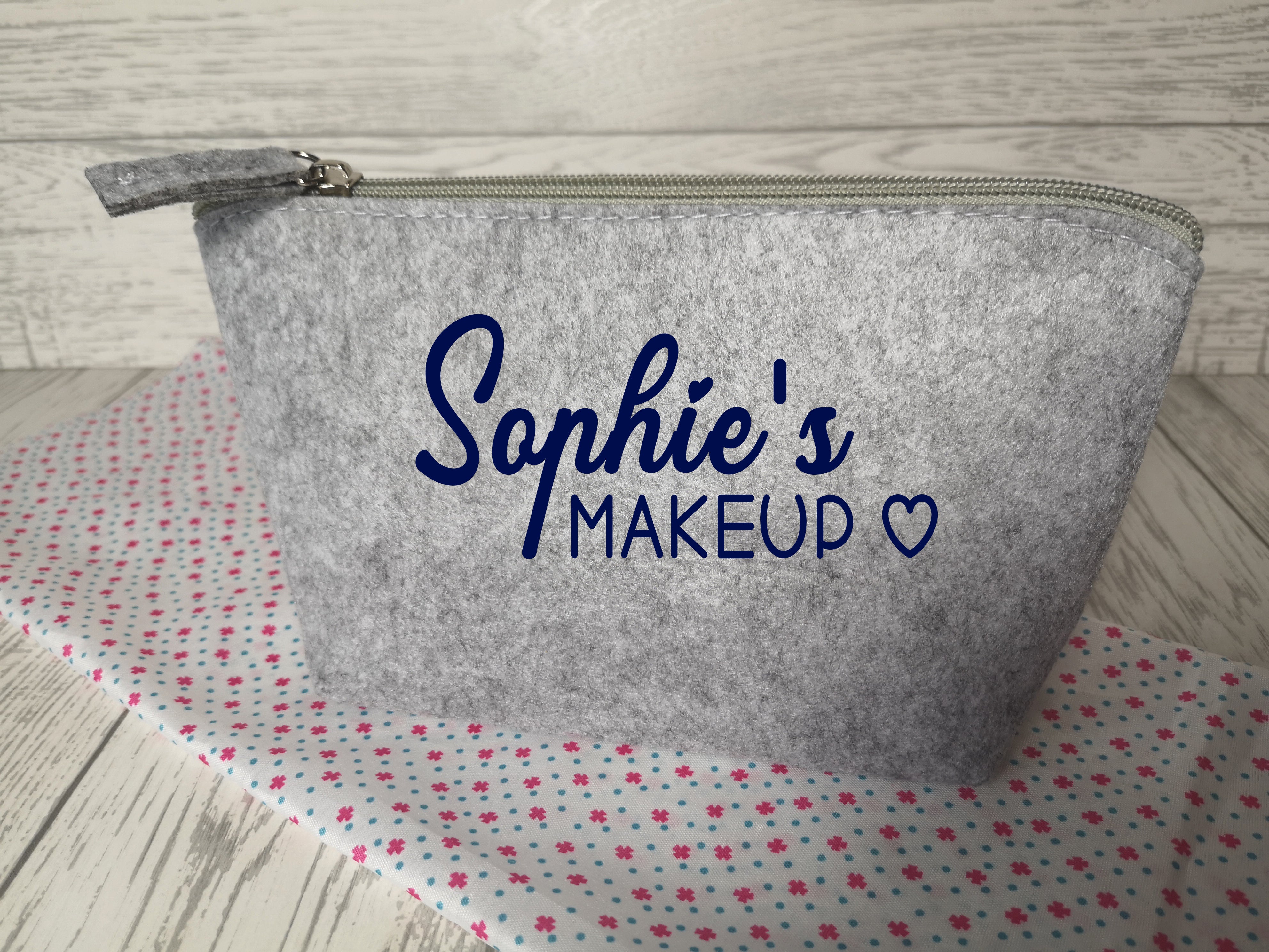 Personalised Light grey Small Felt Name makeup bag Little house of creations