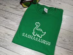 Personalised Kids Dinosaur Namesaurus GREEN custom t-shirt with choice of colour detail