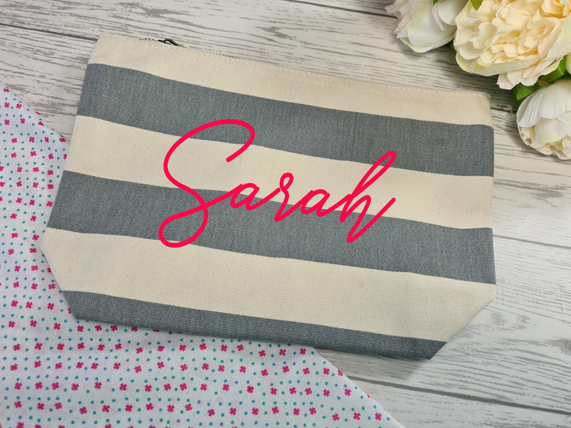 Personalised Nautical grey canvas Large MAKEUP Accessory pouch bag add a name