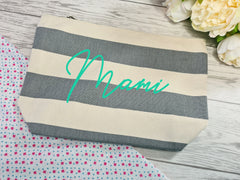 Personalised Nautical grey canvas Large MAKEUP Accessory pouch bag add a name