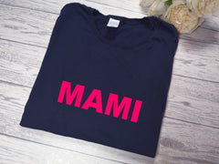 Personalised Women's Navy t-shirt Bold Mummy / Mami / Name with choice of colour detail