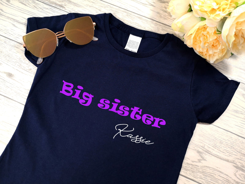 Personalised Kids Navy Big sister t-shirt with name detail