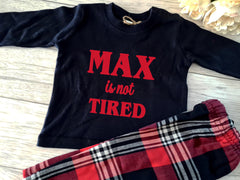 Personalised Baby and kids NAVY and tartan pyjamas Pjs Name is not TIRED detail
