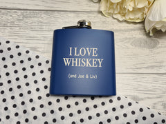 Personalised I love whiskey Engraved Navy or Black stainless steel hip flask 6oz  Any name