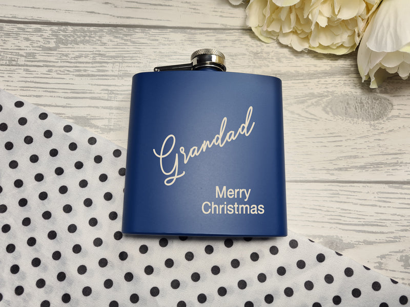 Personalised Christmas NAME Engraved Navy or Black stainless steel hip flask 6oz