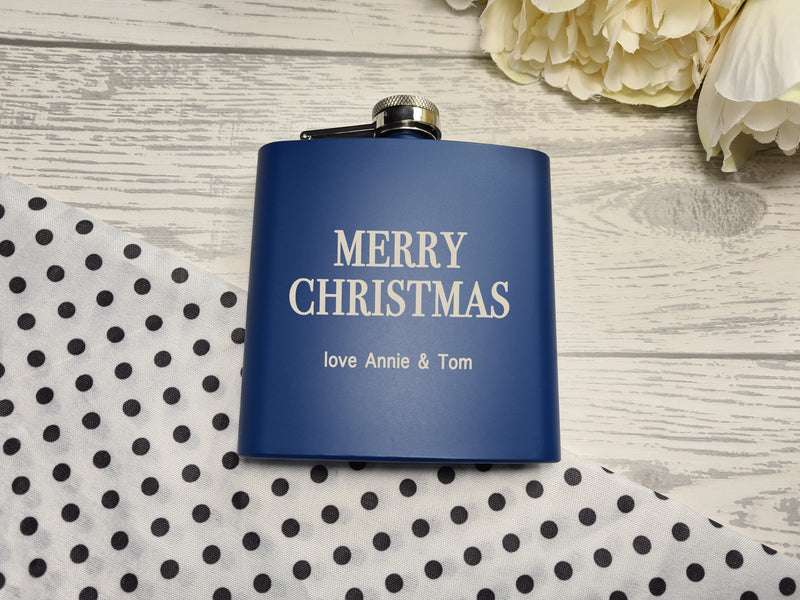 Personalised Merry Christmas bold NAME Engraved Navy or Black stainless steel hip flask 6oz