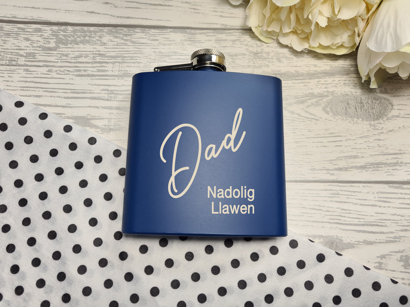 Personalised Welsh NAME Engraved Navy or Black stainless steel hip flask 6oz  Nadolig llawen