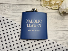 Personalised welsh NADOLIG LLAWEN bold name Engraved Navy or Black stainless steel hip flask 6oz