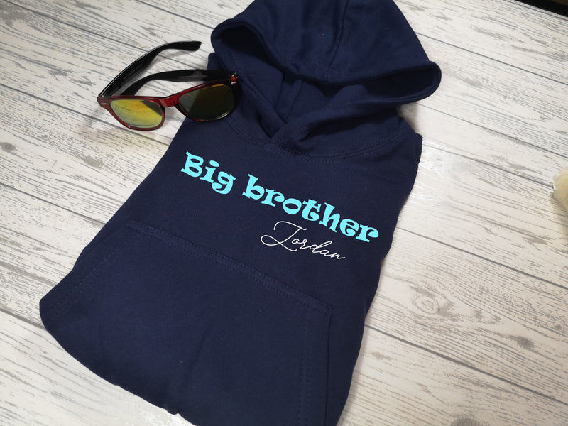 Personalised Kids navy hoodie with Big brother name detail