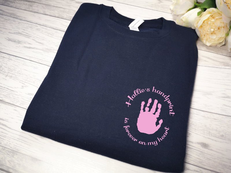 Personalised Women's NAVY JUMPER with Child's handprint detail In choice of colours