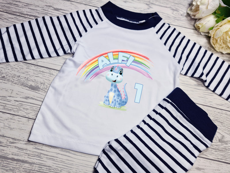Personalised NAVY dinosaur rainbow Birthday Baby pyjamas with Any age and name