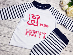 Personalised NAVY Birthday Baby / Kids pyjamas with letter is for name detail