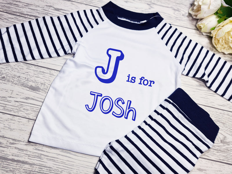 Personalised NAVY Birthday Baby / Kids pyjamas with letter is for name detail