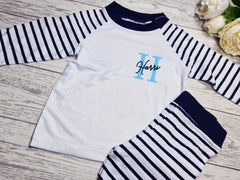 Personalised Navy Birthday Baby pyjamas with letter and name detail