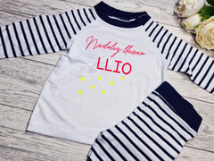 Personalised Navy Christmas Baby pyjamas with nadolig llawen stars detail