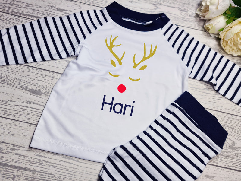 Personalised Navy Christmas Baby pyjamas reindeer and name detail