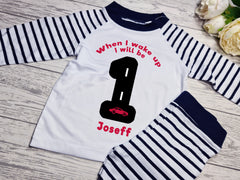 Personalised Navy Birthday CAR Baby pyjamas with  Any AGE and NAME