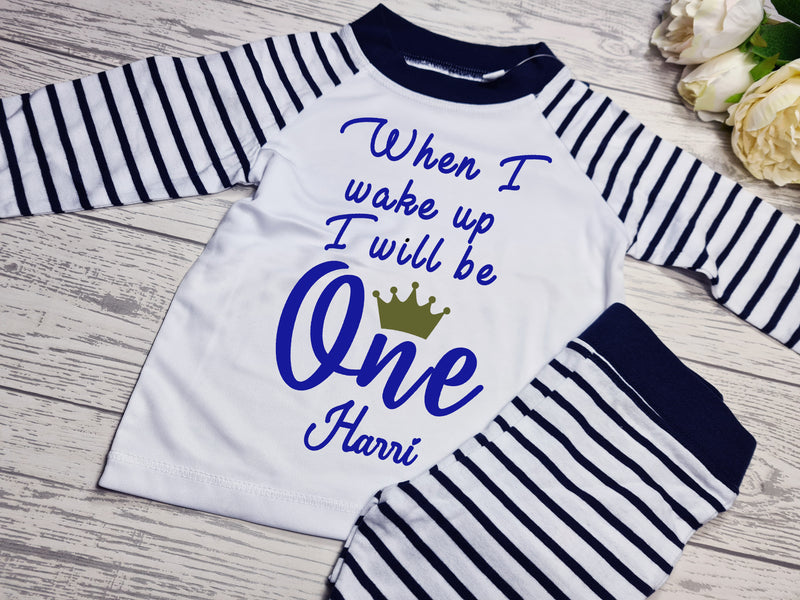 Personalised Navy Birthday Baby pyjamas with I will be one name detail