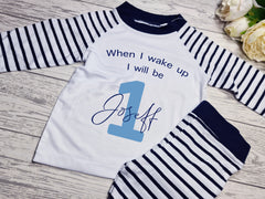 Personalised Navy Birthday Baby pyjamas with I will be one Any AGE and NAME